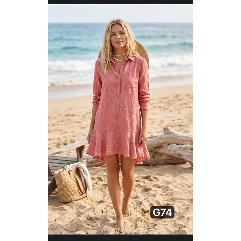 Women Magaschoni 100% Linen Ruffle Hem Shirt Dress Coral Pink Long Sleeve Sz L